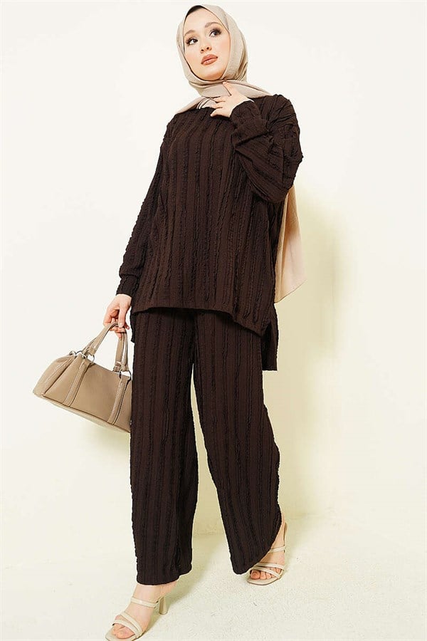 Striped Ruffled Tunic 2 Piece Set, Coffee