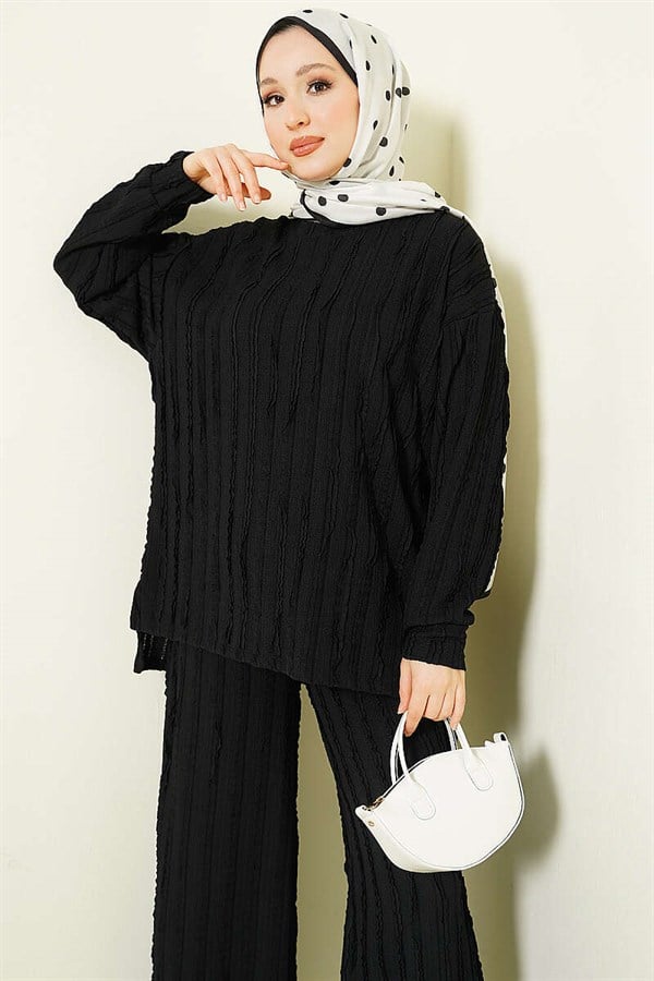 Striped Ruffled Tunic 2 Piece Set, Black