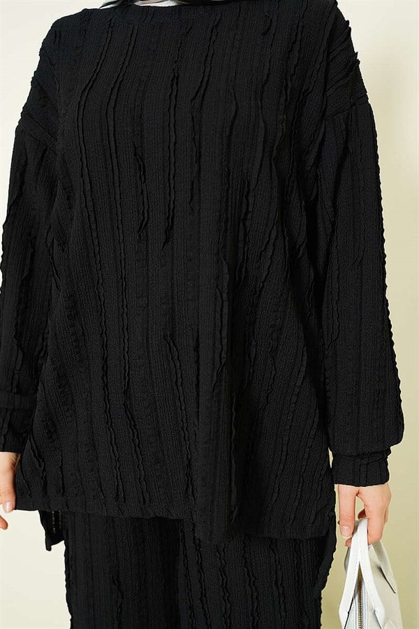 Striped Ruffled Tunic 2 Piece Set, Black