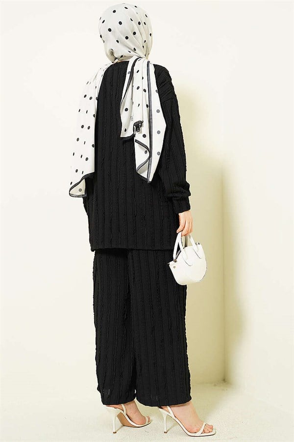 Striped Ruffled Tunic 2 Piece Set, Black