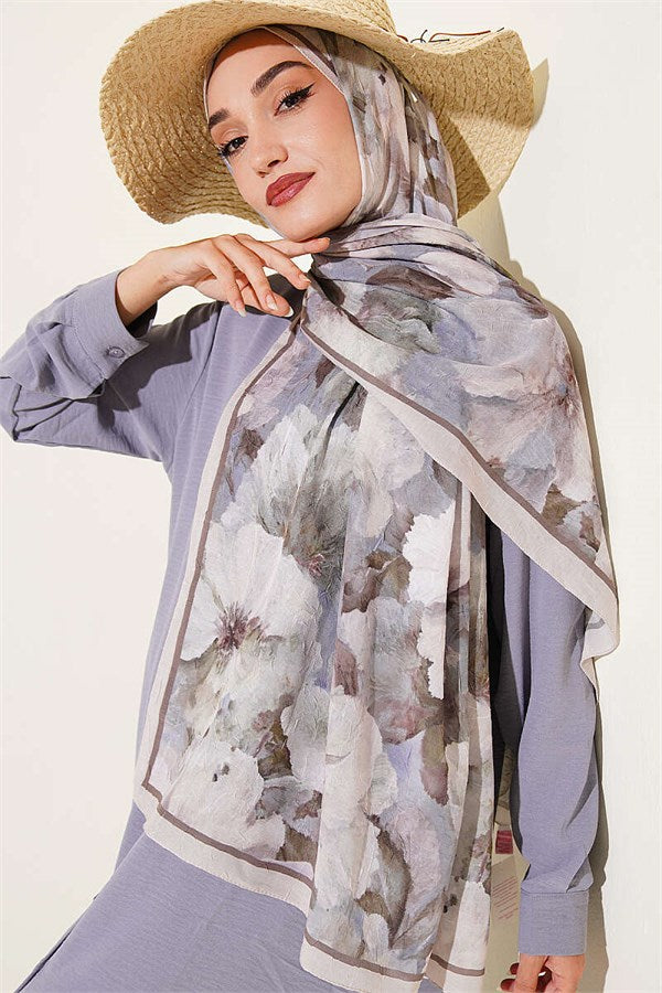 Striped Floral Bamboo Crash Shawl Beige
