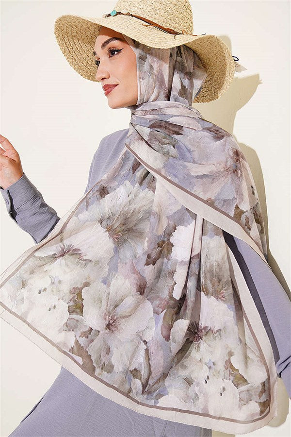 Striped Floral Bamboo Crash Shawl Beige