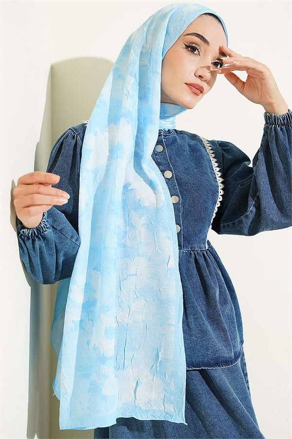 Striped Floral Bamboo Crash Shawl Ice Blue