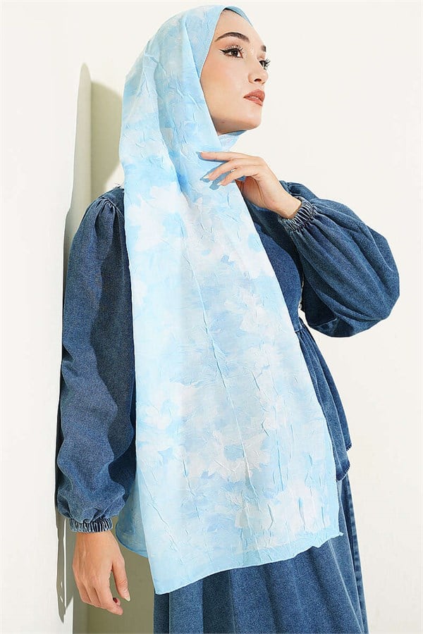 Striped Floral Bamboo Crash Shawl Ice Blue