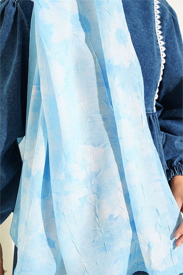 Striped Floral Bamboo Crash Shawl Ice Blue