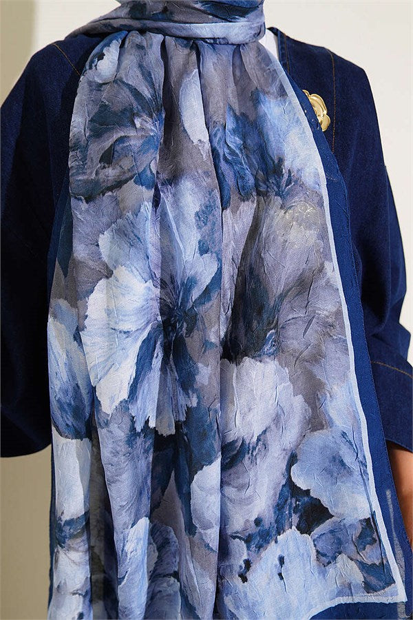 Striped Floral Bamboo Crash Shawl Navy Blue
