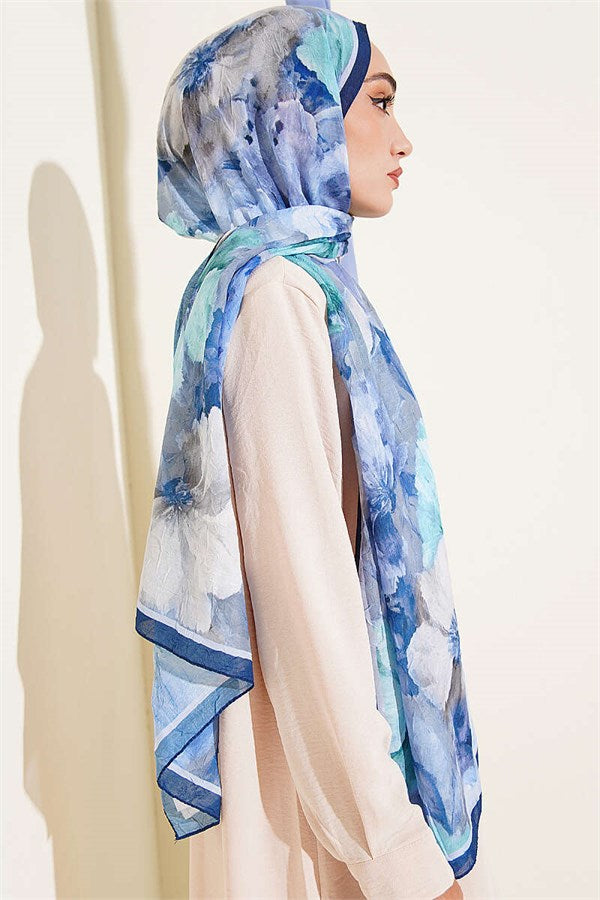 Striped Floral Bamboo Crash Scarf Navy Blue
