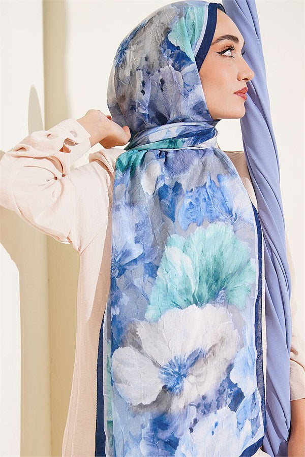 Striped Floral Bamboo Crash Scarf Navy Blue