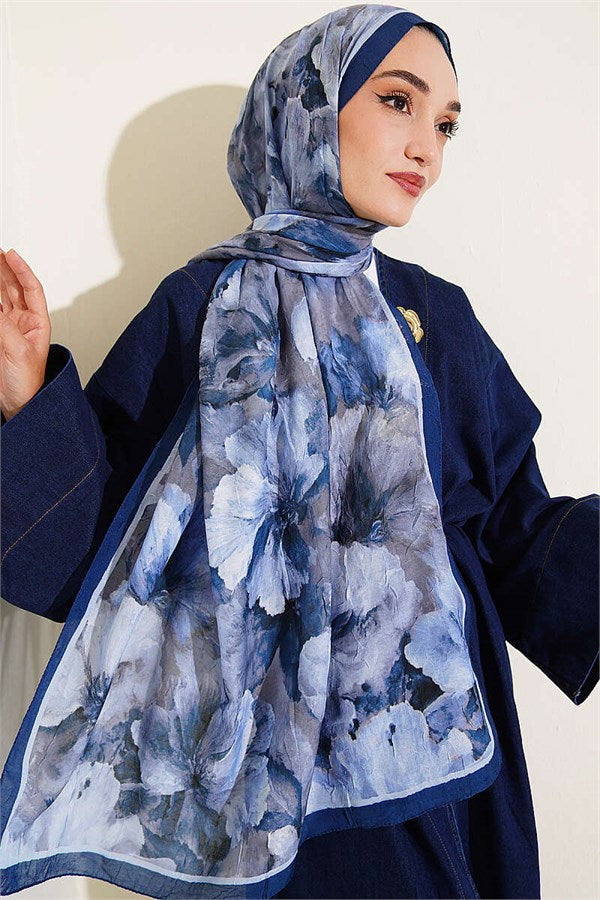 Striped Floral Bamboo Crash Shawl Navy Blue