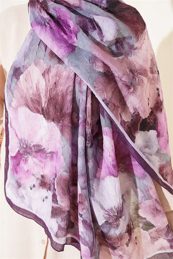 Striped Floral Bamboo Crash Shawl, Plum