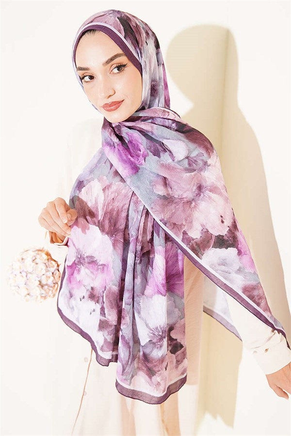 Striped Floral Bamboo Crash Shawl, Plum