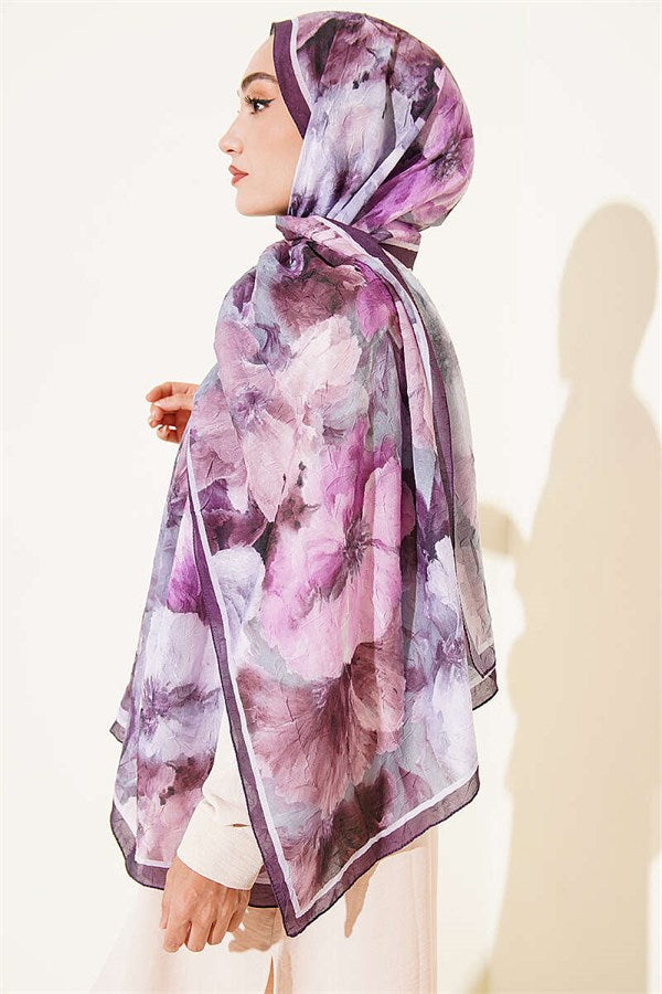 Striped Floral Bamboo Crash Shawl, Plum