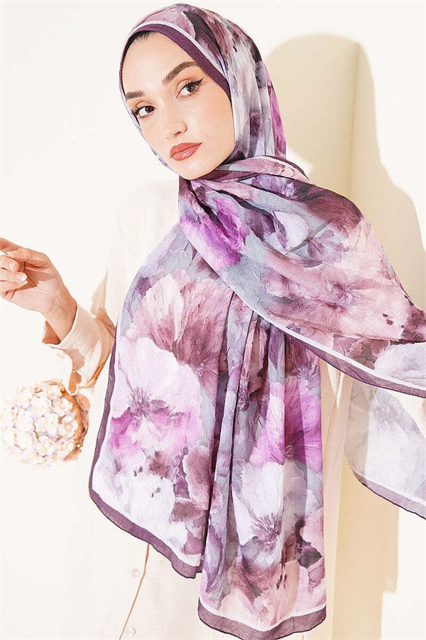 Striped Floral Bamboo Crash Shawl, Plum