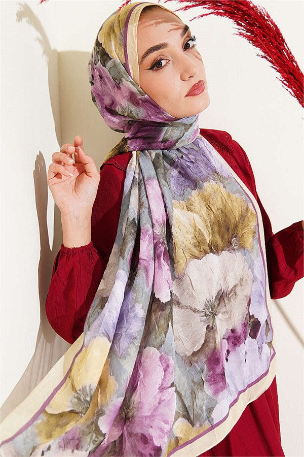 Striped Floral Bamboo Crush Shawl Yellow