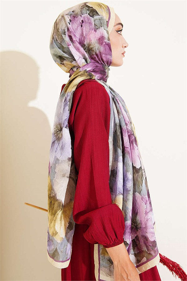 Striped Floral Bamboo Crush Shawl Yellow