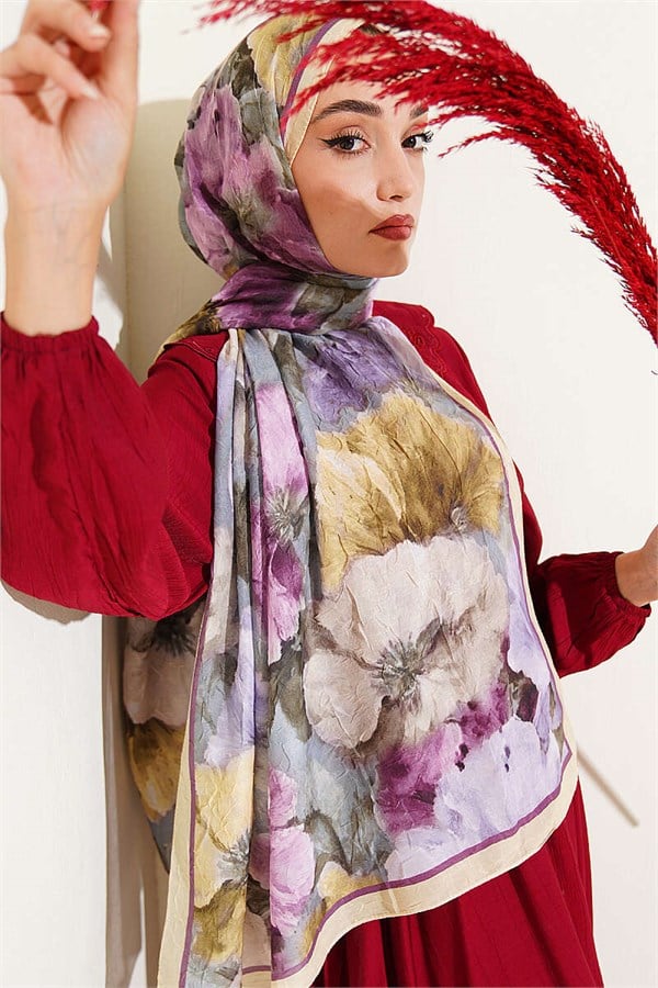 Striped Floral Bamboo Crush Shawl Yellow