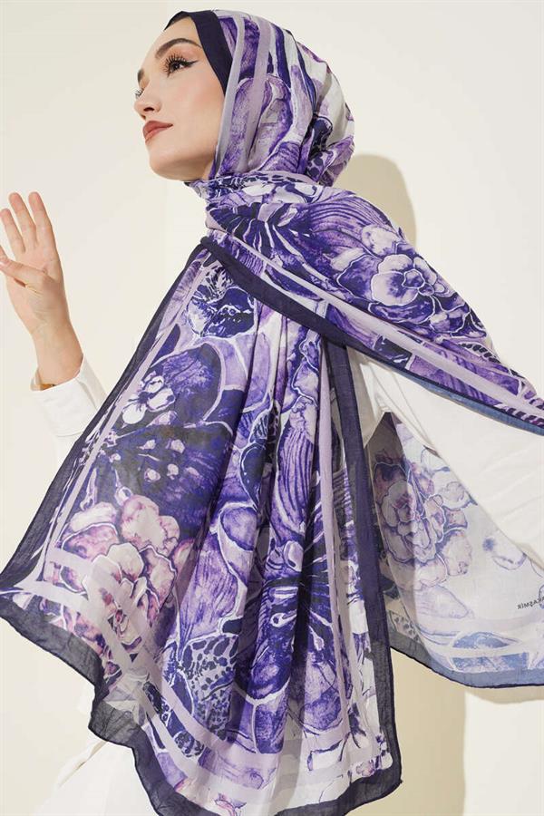 Authentic Patterned Shawl with Stripe Transition, Navy Blue