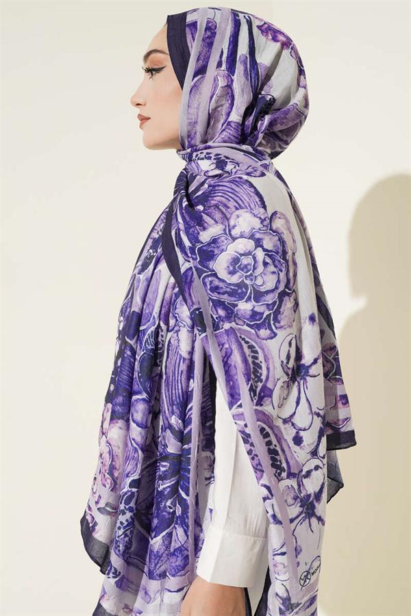 Authentic Patterned Shawl with Stripe Transition, Navy Blue