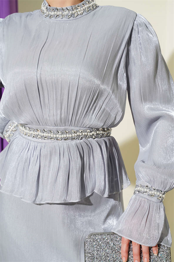 Gray Evening Dress with Striped Stone Embellishments