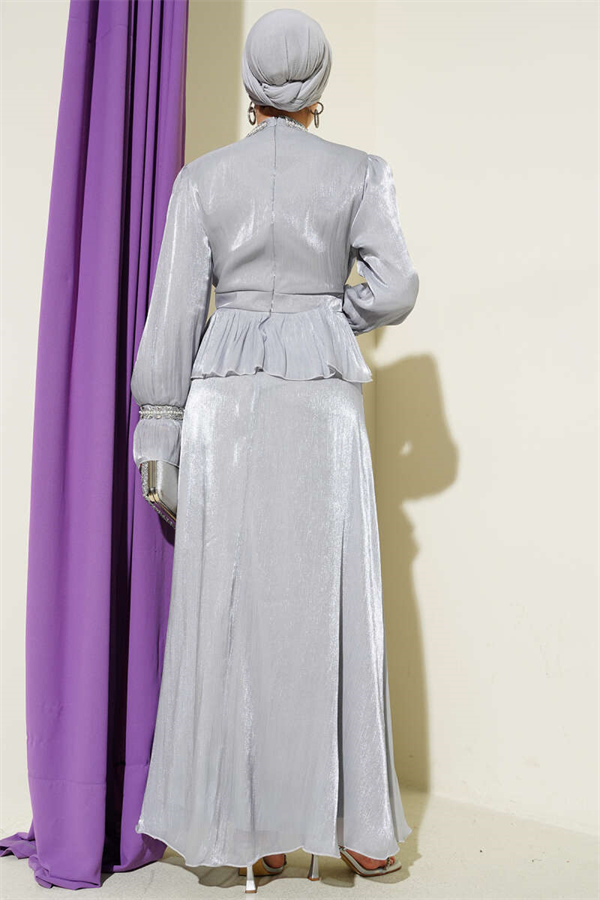 Gray Evening Dress with Striped Stone Embellishments
