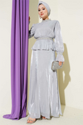 Gray Evening Dress with Striped Stone Embellishments