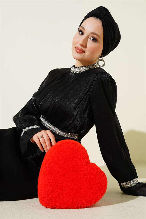 Black Evening Dress with Ribbon Stone Embellishments