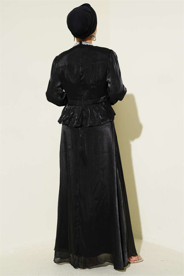 Black Evening Dress with Ribbon Stone Embellishments
