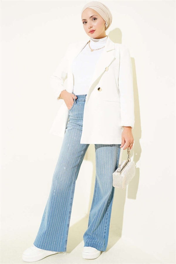 Striped Stone Embellished Cut-Leg Trousers, Light Blue