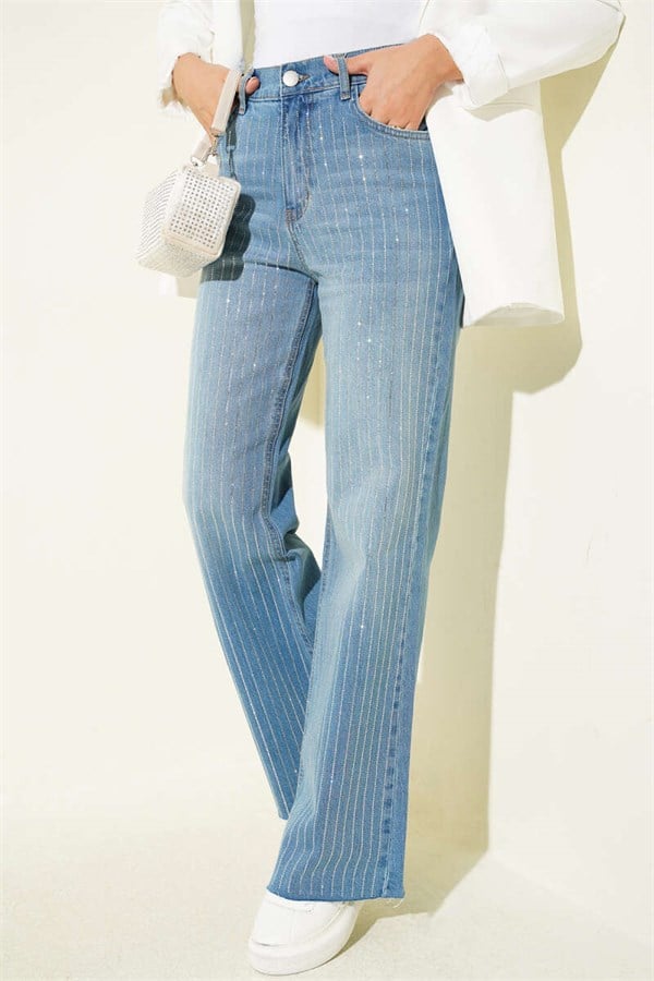 Striped Stone Embellished Cut-Leg Trousers, Light Blue