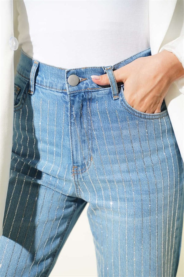 Striped Stone Embellished Cut-Leg Trousers, Light Blue