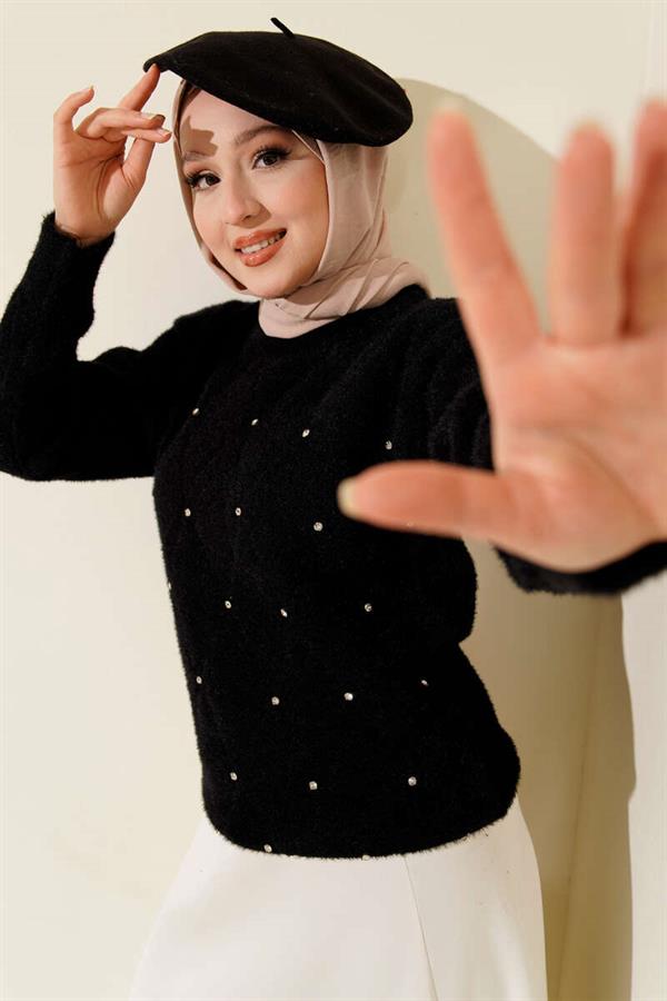 Striped Bearded Sweater with Sprinkled Stones, Black