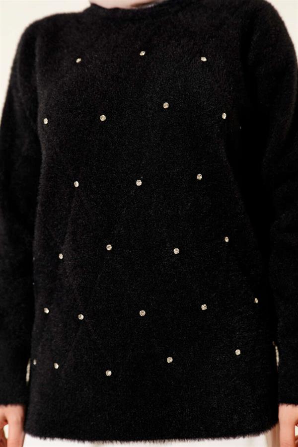 Striped Bearded Sweater with Sprinkled Stones, Black