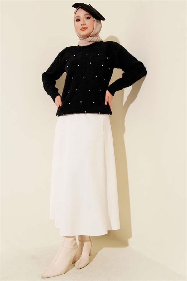 Striped Bearded Sweater with Sprinkled Stones, Black
