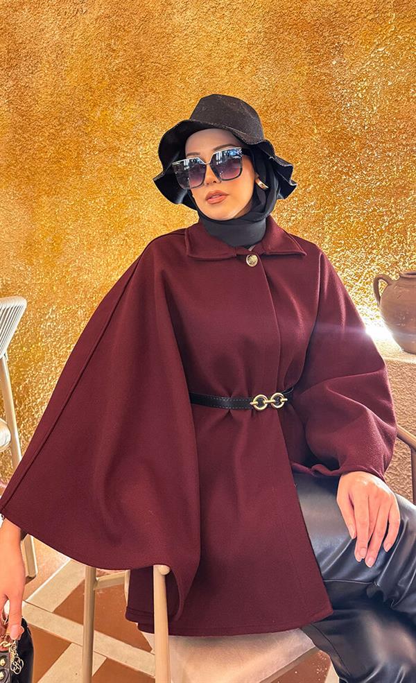 Removable Belt Button Detailed Hijab Cashmere Poncho Burgundy