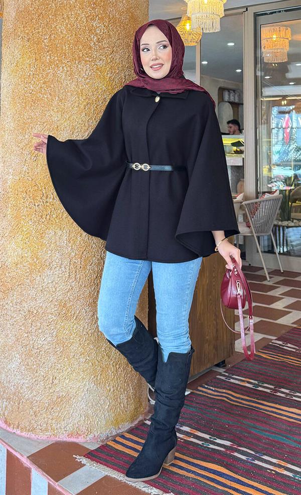 Removable Belted Button Detailed Hijab Cashmere Poncho Black