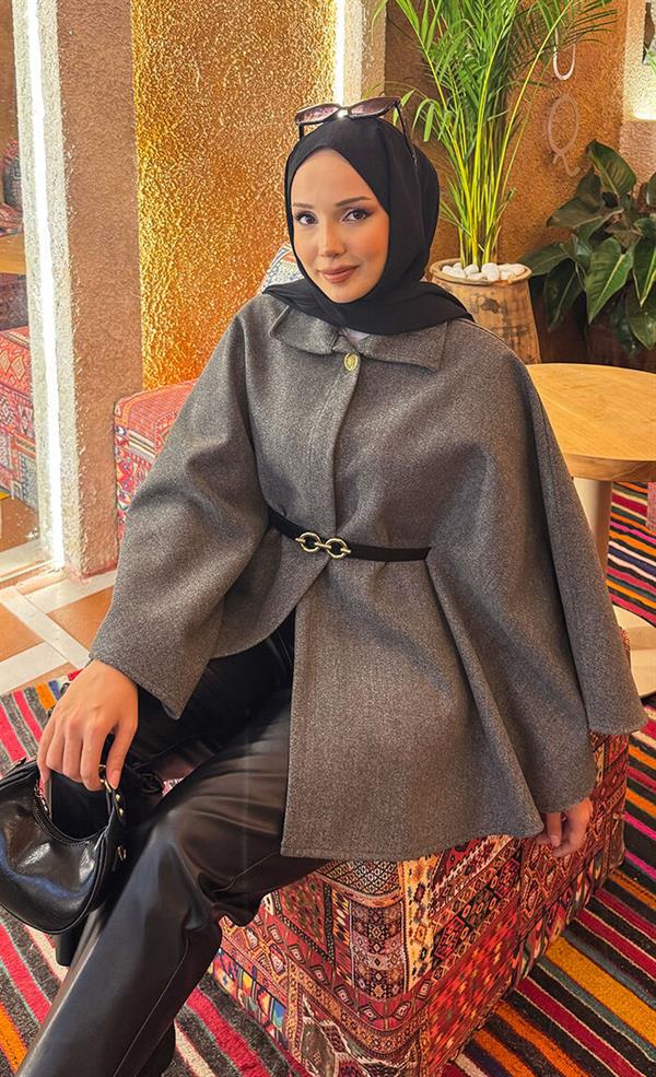Removable Belted Button Detailed Hijab Poncho Gray