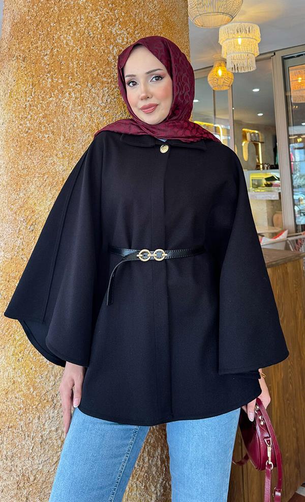 Removable Belted Button Detailed Hijab Cashmere Poncho Black