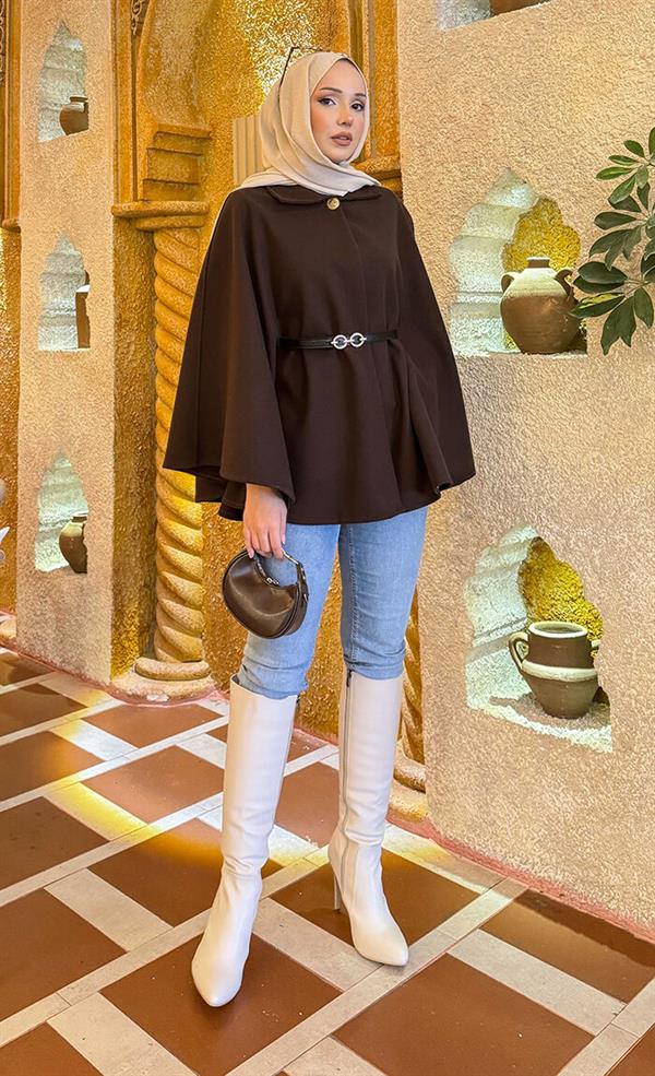 Removable Belt Button Detailed Hijab Cashmere Poncho Brown