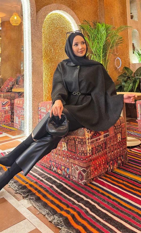 Removable Belted Button Detailed Hijab Poncho in Smoke Color