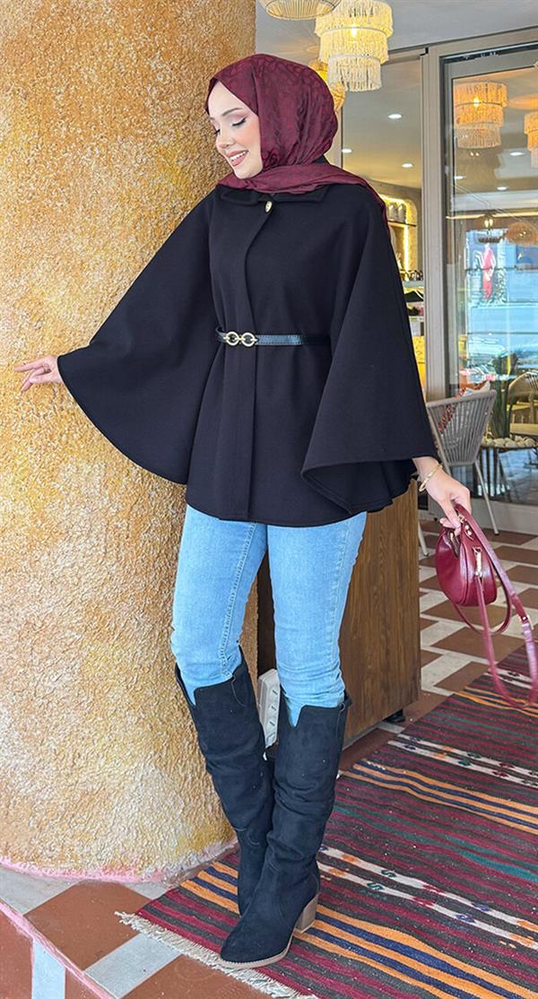 Removable Belted Button Detailed Hijab Cashmere Poncho Black