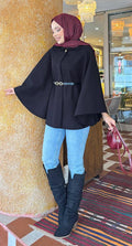 Removable Belted Button Detailed Hijab Cashmere Poncho Black