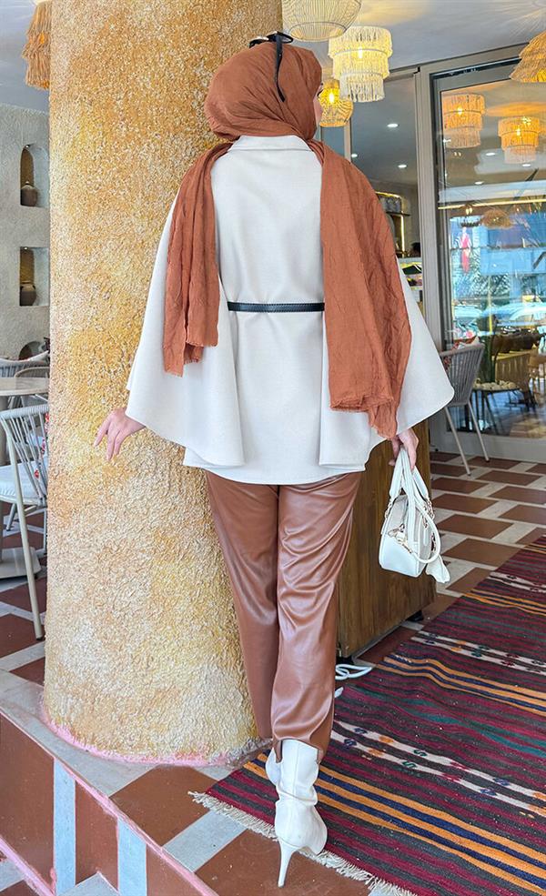 Removable Belted Button Detailed Hijab Poncho Beige