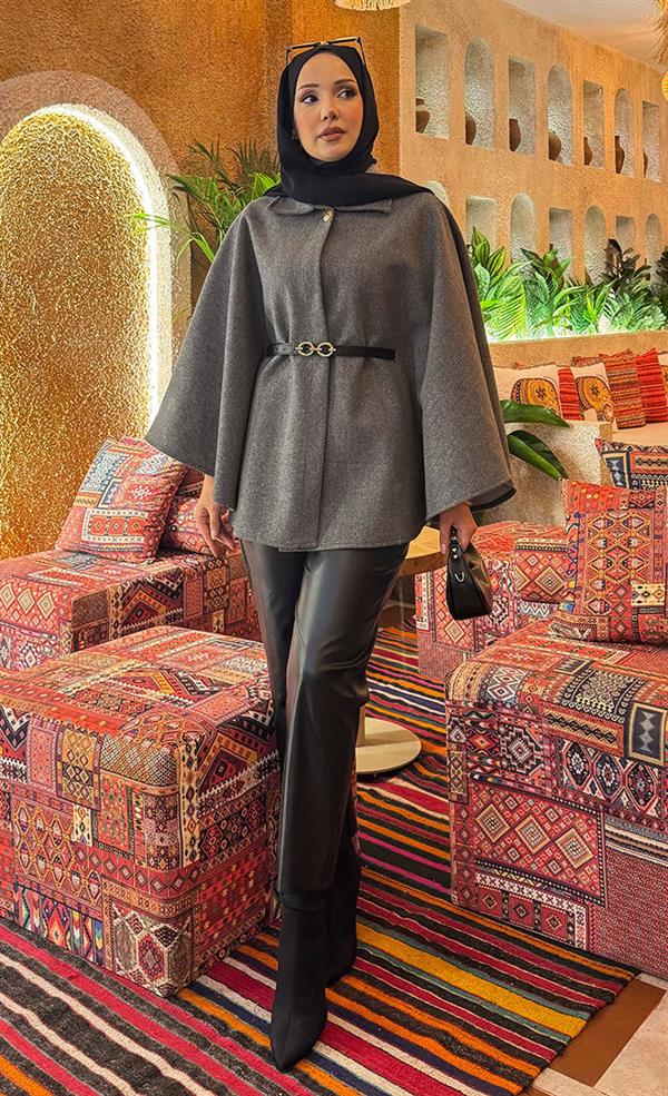 Removable Belted Button Detailed Hijab Poncho Gray