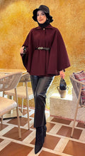 Removable Belt Button Detailed Hijab Cashmere Poncho Burgundy