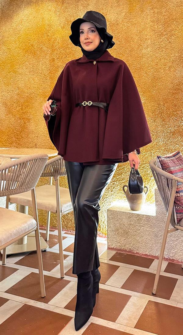 Removable Belt Button Detailed Hijab Cashmere Poncho Burgundy