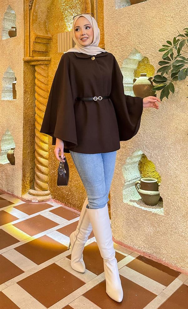 Removable Belt Button Detailed Hijab Cashmere Poncho Brown