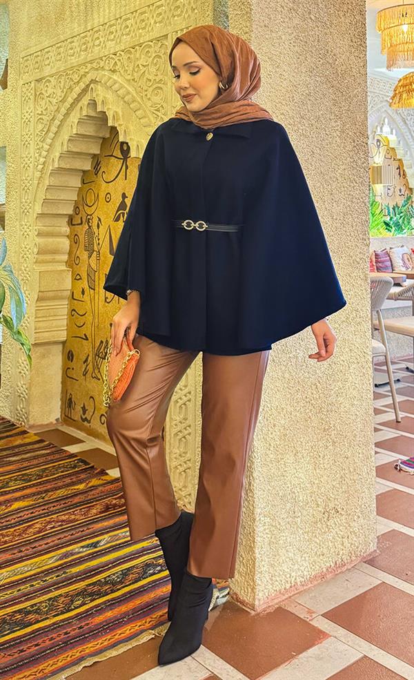 Removable Belted Button Detailed Hijab Poncho Navy Blue
