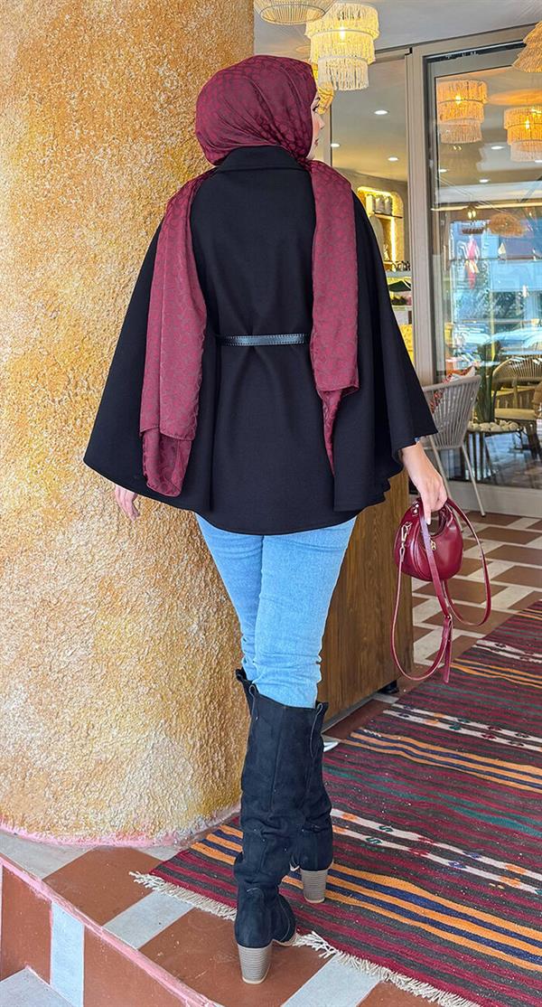 Removable Belted Button Detailed Hijab Cashmere Poncho Black