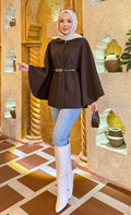 Removable Belt Button Detailed Hijab Cashmere Poncho Brown