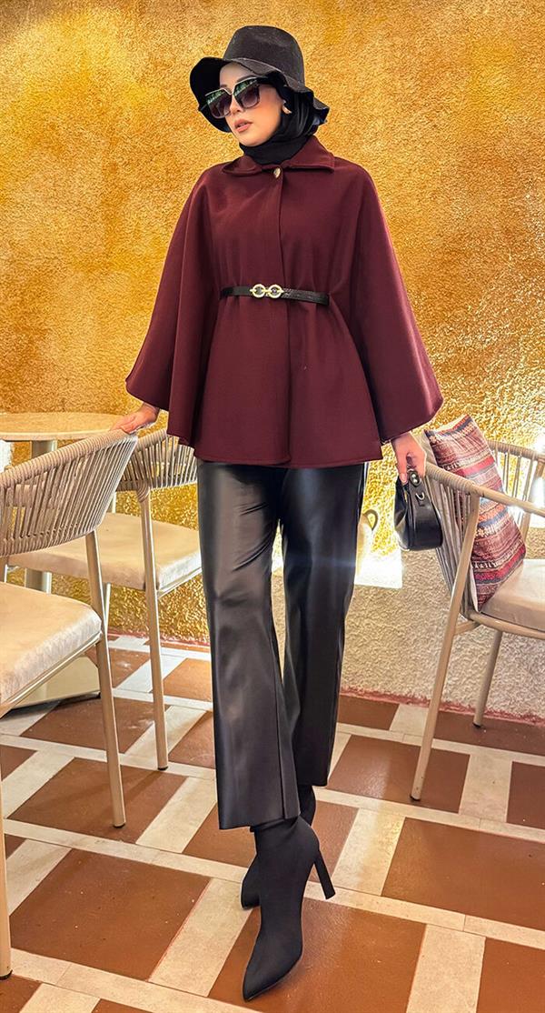 Removable Belt Button Detailed Hijab Cashmere Poncho Burgundy